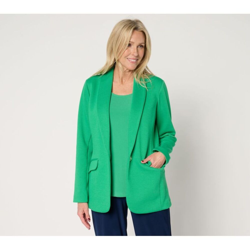 Susan Graver Women's Jacket Sz L Pique Knit Shawl Collar Blazer DarkGreen